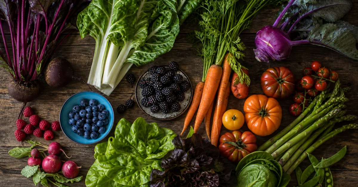 Buntes Gemüse, Beeren, Hülsenfrüchte und Nüsse auf einem Holztisch – Zutaten einer gefäßfreundlichen Ernährung